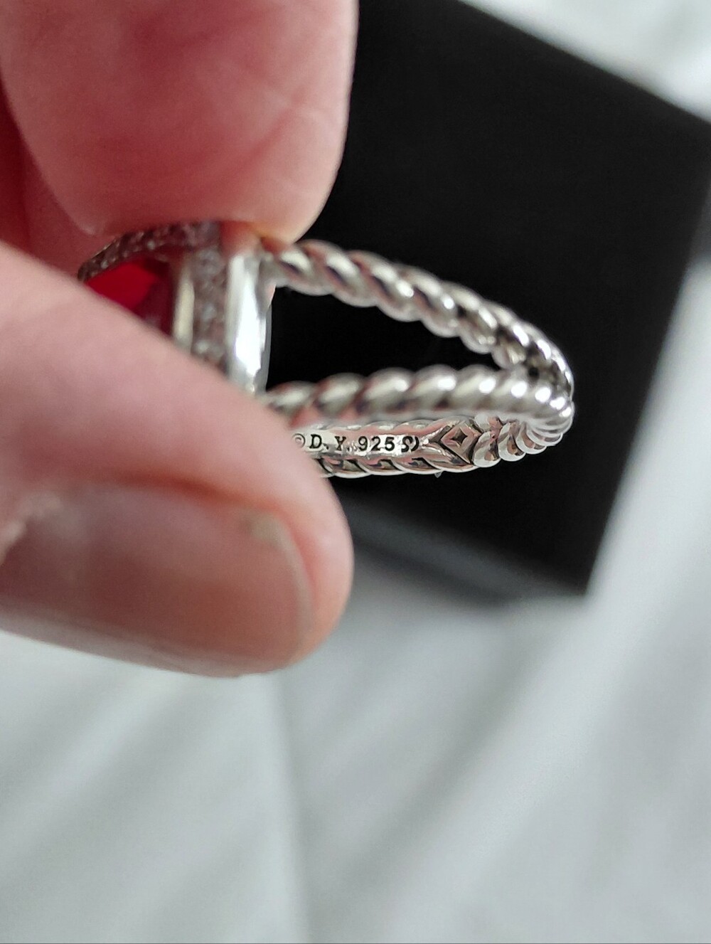 David Yurman Silver Ring with Red Cushion Gemstone and Pavé Halo - Picture 3 of 4